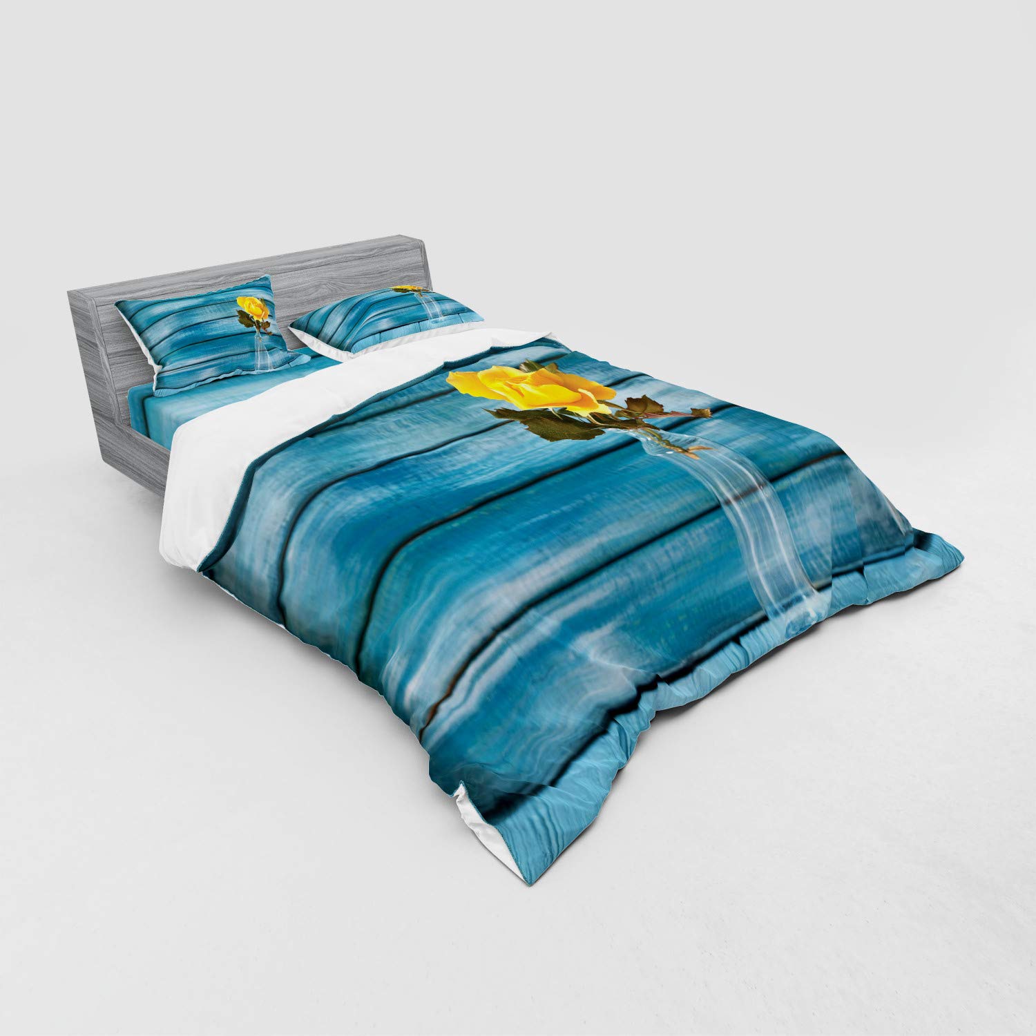 Ambesonne 4-Piece Queen Size Duvet Cover Set - Realistic Blooming Yellow Rose in Clear Vase Design, Petrol Blue & Yellow Bedding with Shams & Fitted Sheet | Perfect for Master Bedroom, Guest Room Decor & Rose-Themed Home Styling