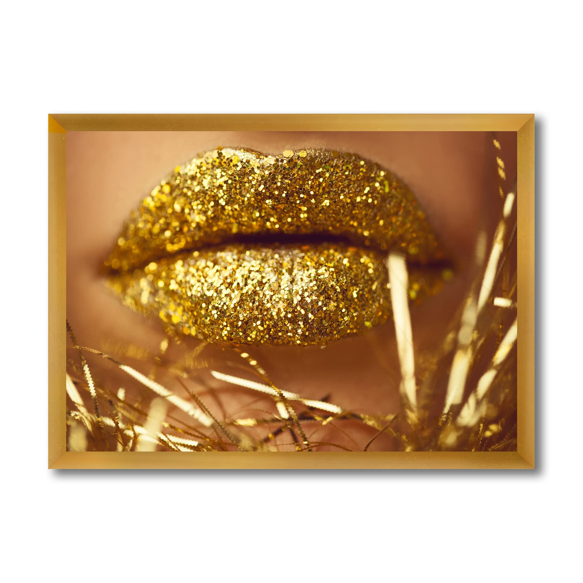 DesignQ Golden Woman Lips Modern Framed Wall Art - Elegant Home Decor for Living Room, Bedroom & Office - Perfect Gift for Women