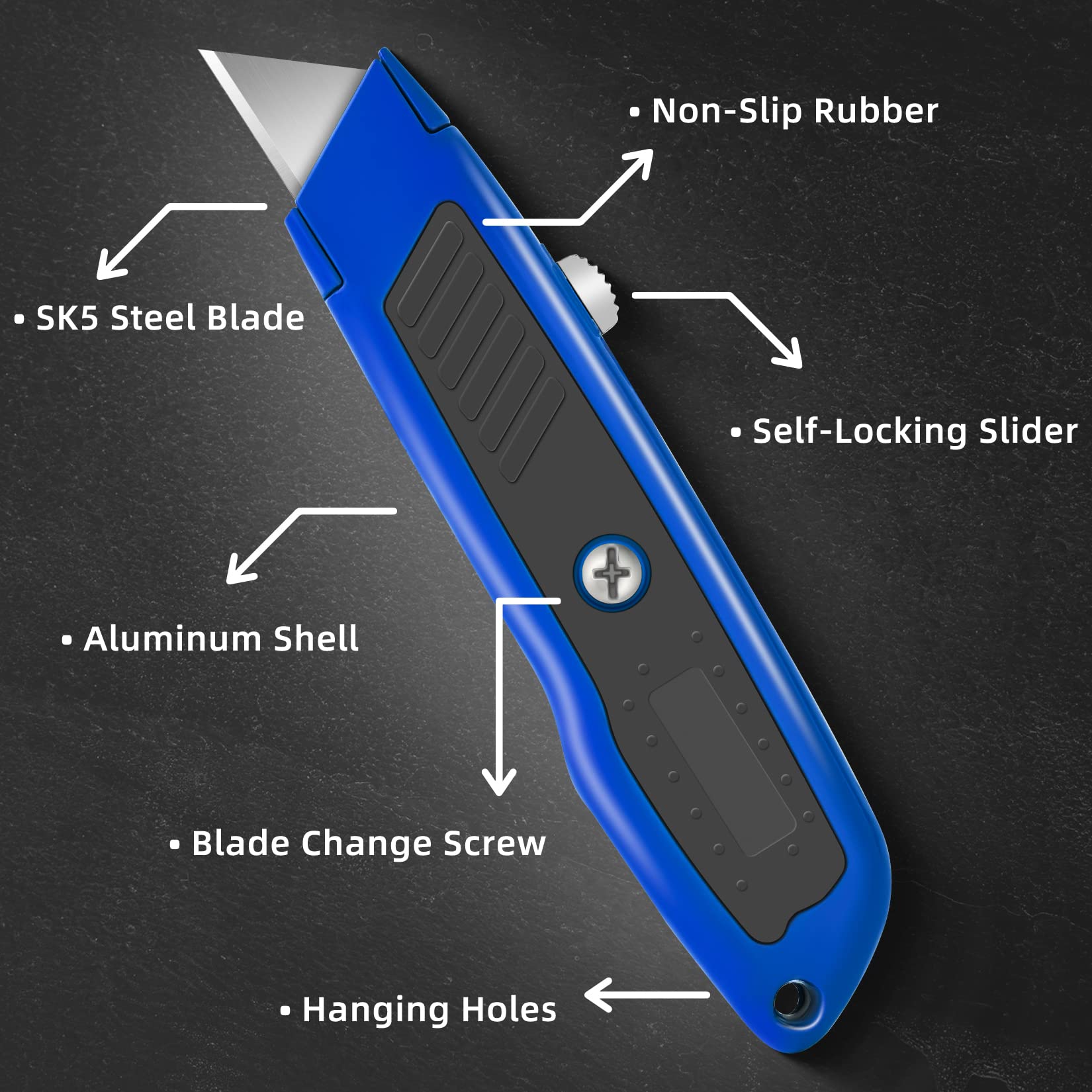 DIYSELF 2 Pack Heavy Duty Retractable Utility Knife - Aluminum Box Cutter for Construction, Carpet, Cardboard & Carton - Sharp Razor Knife for Work, Paper & Package Opening (Blue) - Perfect for Warehouse, Shipping & Home Use