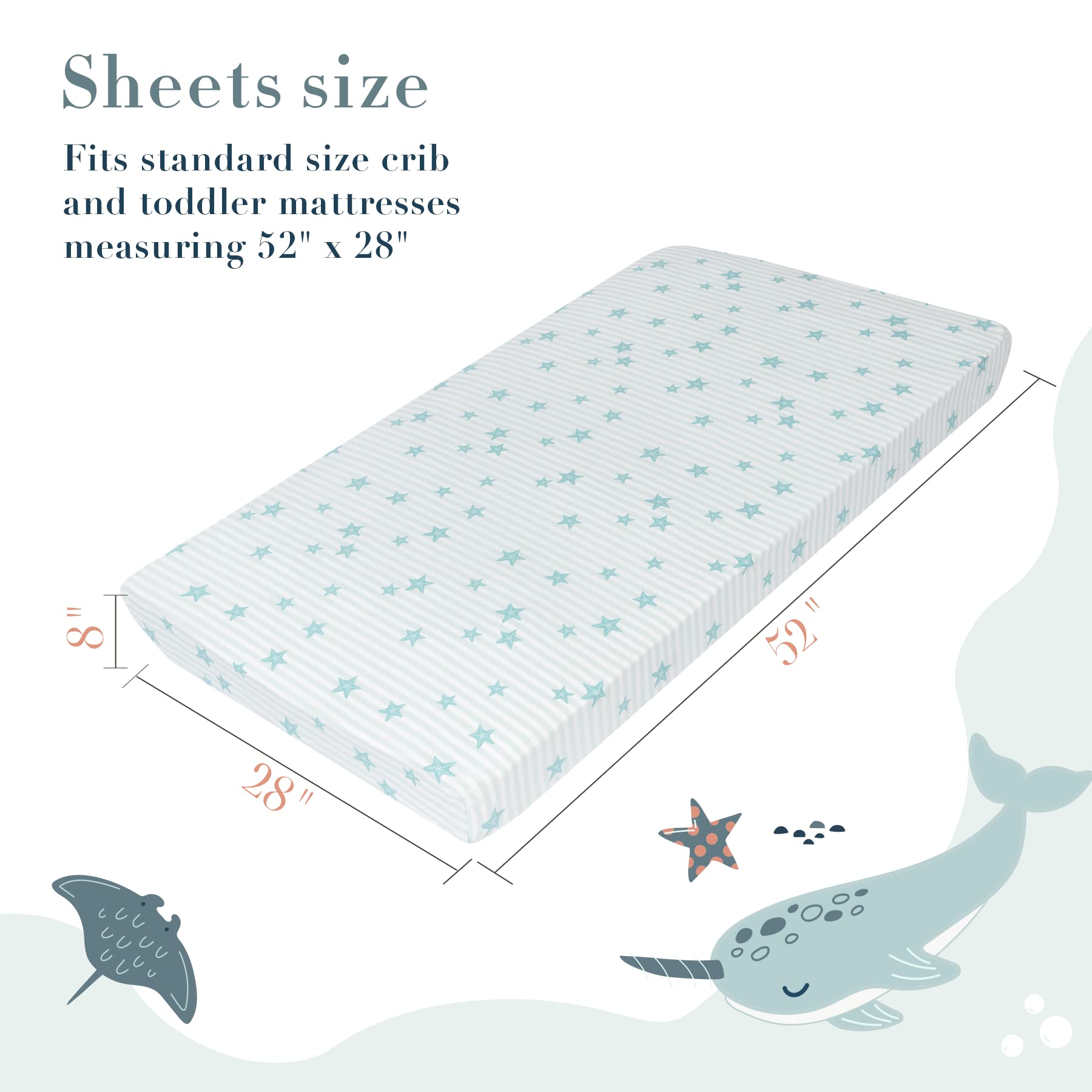100% Cotton Baby Crib Sheets for Boys & Girls - 2 Pack Nautical Ocean Star Print Crib Bedding Set, Soft Teal & White Nursery Sheets for Infant Bassinet or Toddler Crib | Perfect for Coastal Nursery Decor, Baby Shower Gifts & Newborn Essentials