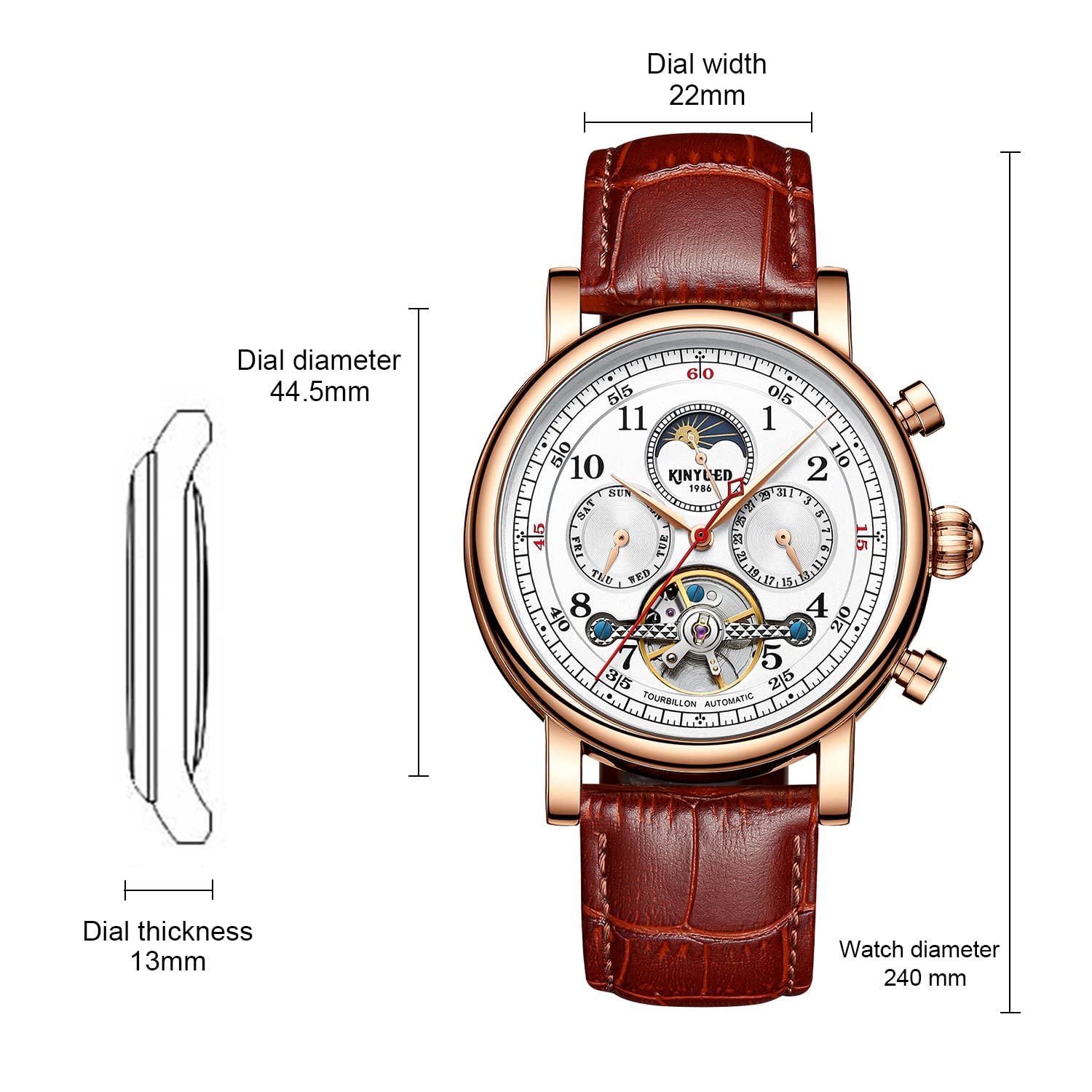 IK COLOURING Men's Mechanical Skeleton Watch - 44mm Automatic Self-Wind Wristwatch with Calendar, Week Display, Moon Phase & Tourbillon | Perfect for Business, Formal Events & Luxury Gift Giving