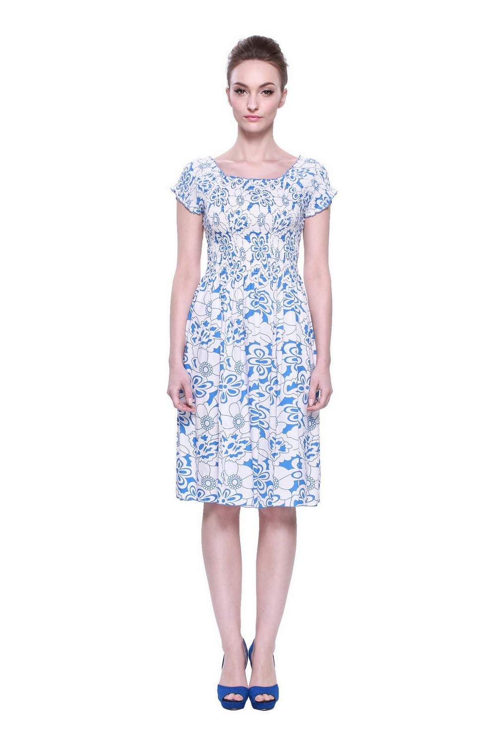 Women's Hawaiian Elastic Top Short Sleeve Dress - Sunset Red Floral Summer Beach Dress for Vacation, Party & Casual Wear