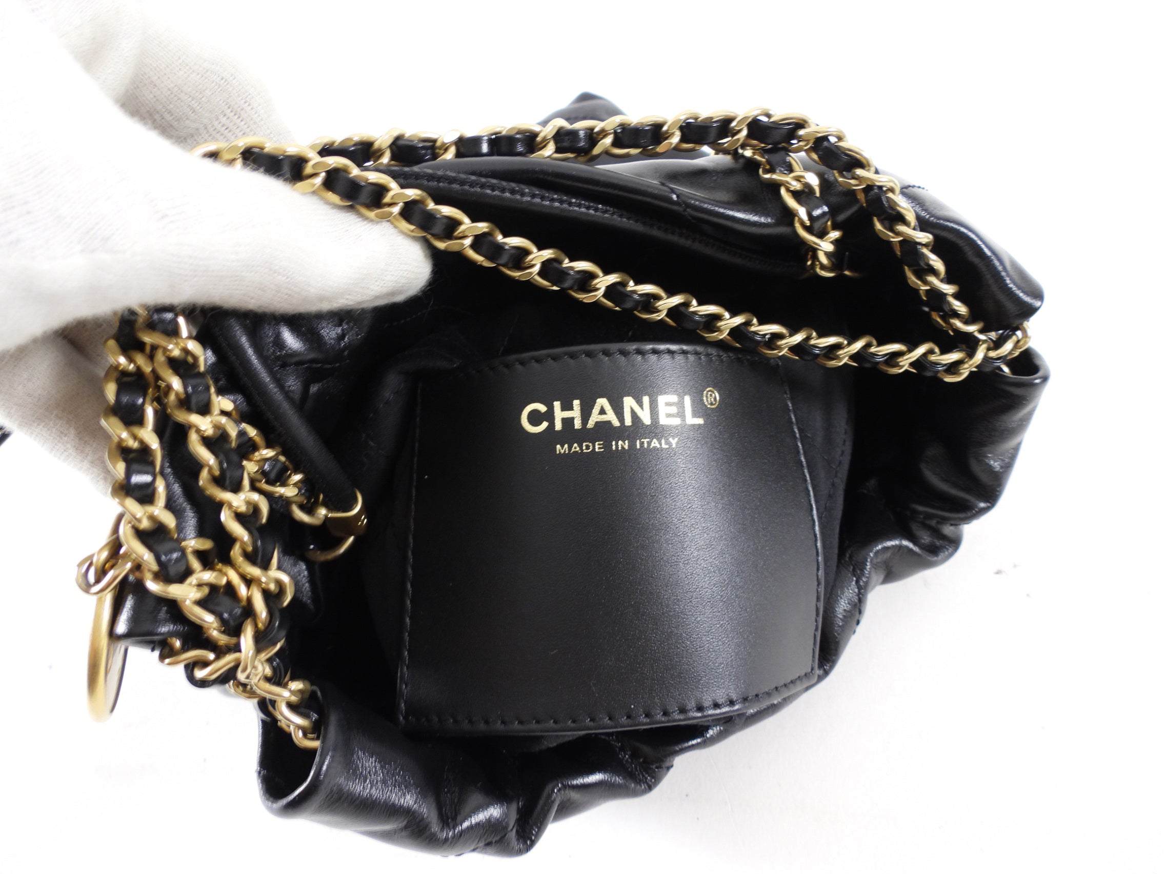 Chanel 2023 Black Leather Chain 22 Mini Bag with Ivory Enamel Logo - Luxury Designer Handbag for Women, Perfect for Evening Parties & Date Nights