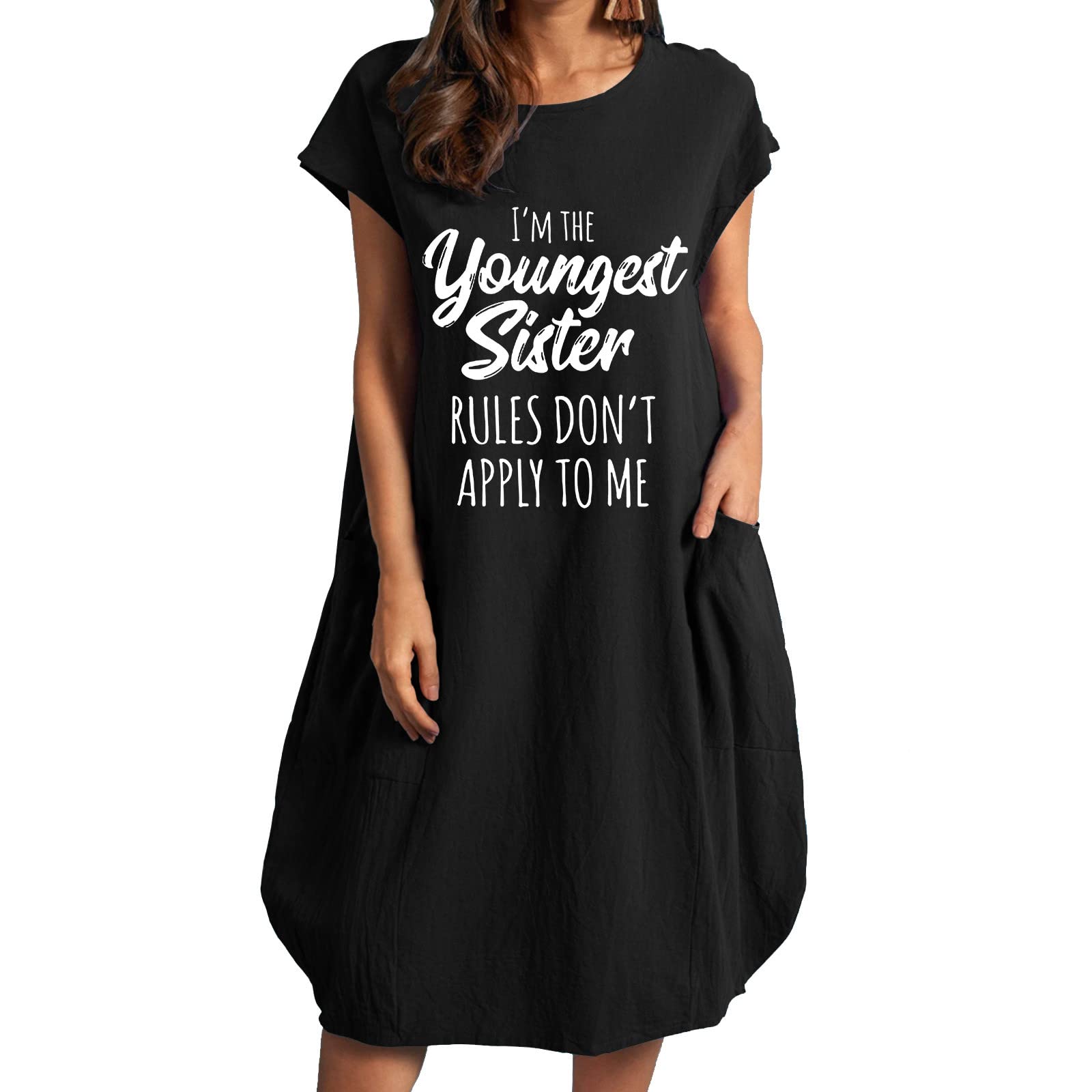 Women's Casual Loose Fit Sundress - Midi Length Short Sleeve Letter Print Summer Dress with Pockets | Plus Size Beachwear for Vacation, Poolside & Outdoor Activities