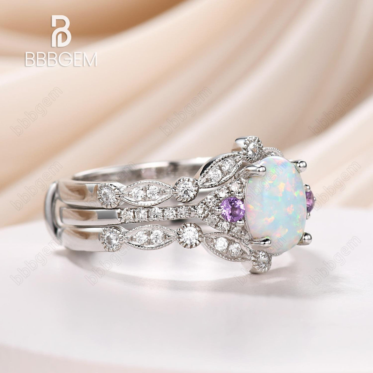 14K White Gold Oval Opal Moissanite Engagement Ring - Art Deco Double Curve Enhancer Wedding Band for Women, Perfect for Proposals, Anniversaries & Bridal Jewelry
