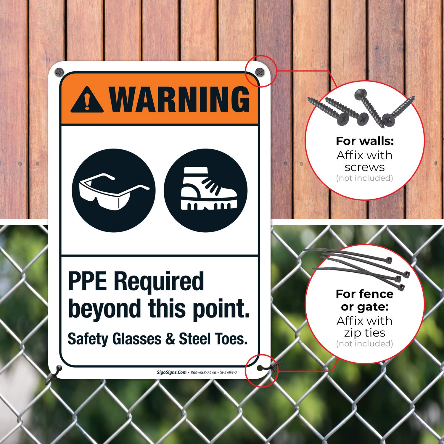 ANSI Warning Sign - PPE Required Beyond This Point Safety Glasses & Steel Toes Sign | 10x7 Inches Rust-Free .040 Aluminum | Fade-Resistant for Indoor/Outdoor Use | Made in USA | Workplace Safety & Construction Site Signage