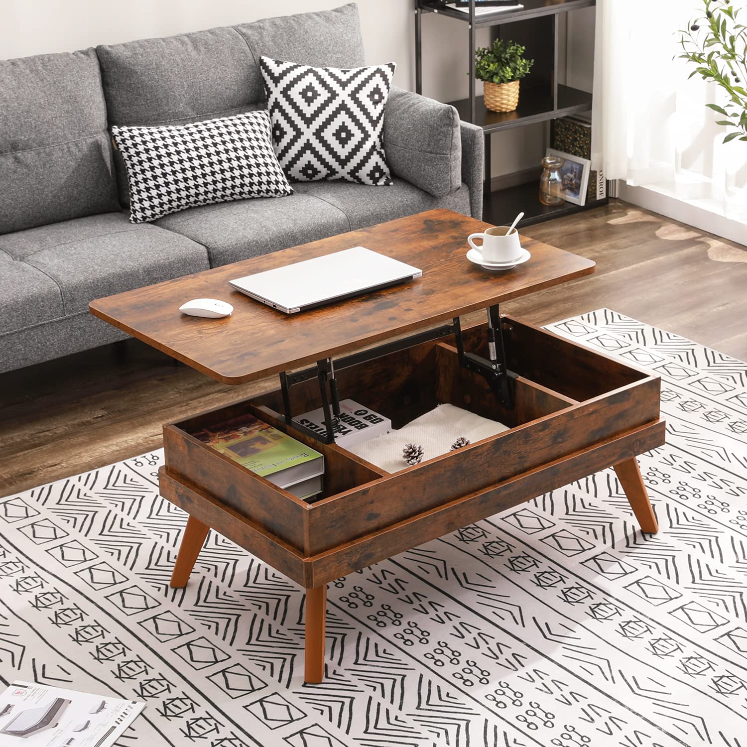 Lift Top Coffee Table with Hidden Storage - Easy to Assemble Industrial Style Center Table for Living Room, Home Office & Reception - Rustic Brown Finish | Perfect for Small Spaces, Entertaining & Multi-Functional Use