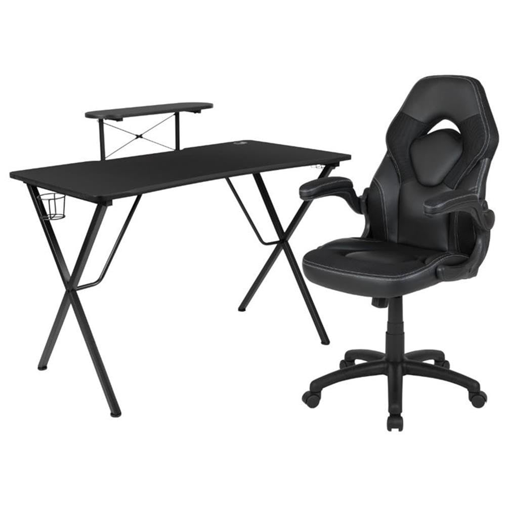 BOWERY HILL 2-Piece Black Gaming Desk Set with Monitor Stand - Perfect for PC Gaming Setup, Home Office & Streaming Station