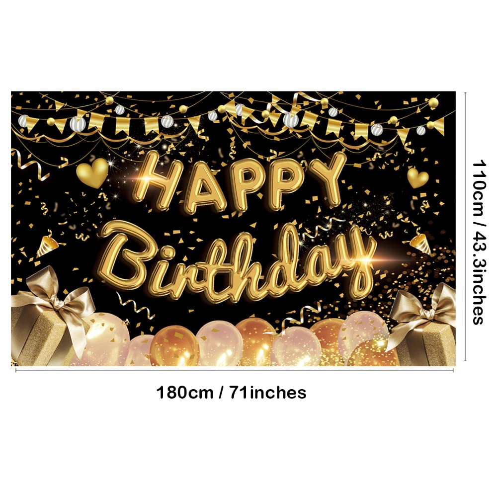 Extra Large Happy Birthday Backdrop Banner - 71 x 43.3 Inch Black Gold Fabric Sign for Photo Booth, Party Decorations | Perfect for Men & Women Birthday, Anniversary Celebrations | Great Gift Idea for Party Supplies