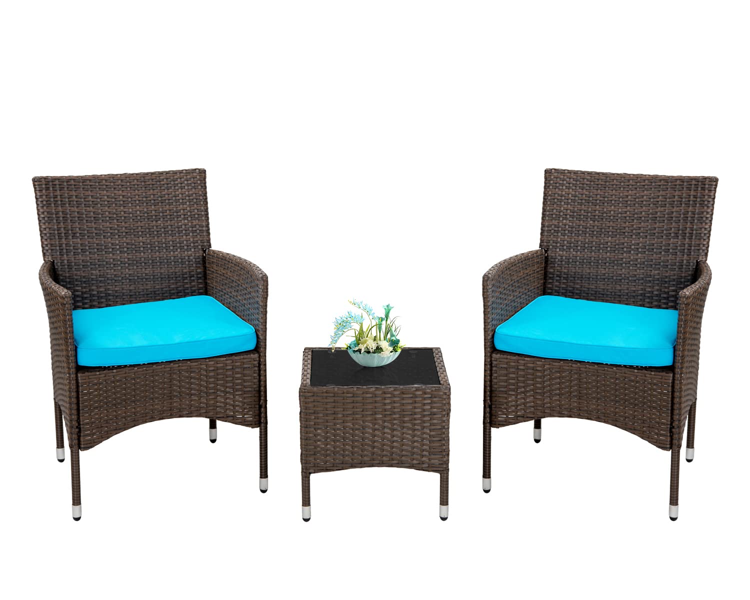 FDW 3-Piece Outdoor Patio Furniture Set - Wicker Bistro Set with Rattan Chairs & Table - Blue Cushion Included - Perfect for Yard, Backyard, Lawn, Porch, Poolside & Balcony Relaxation