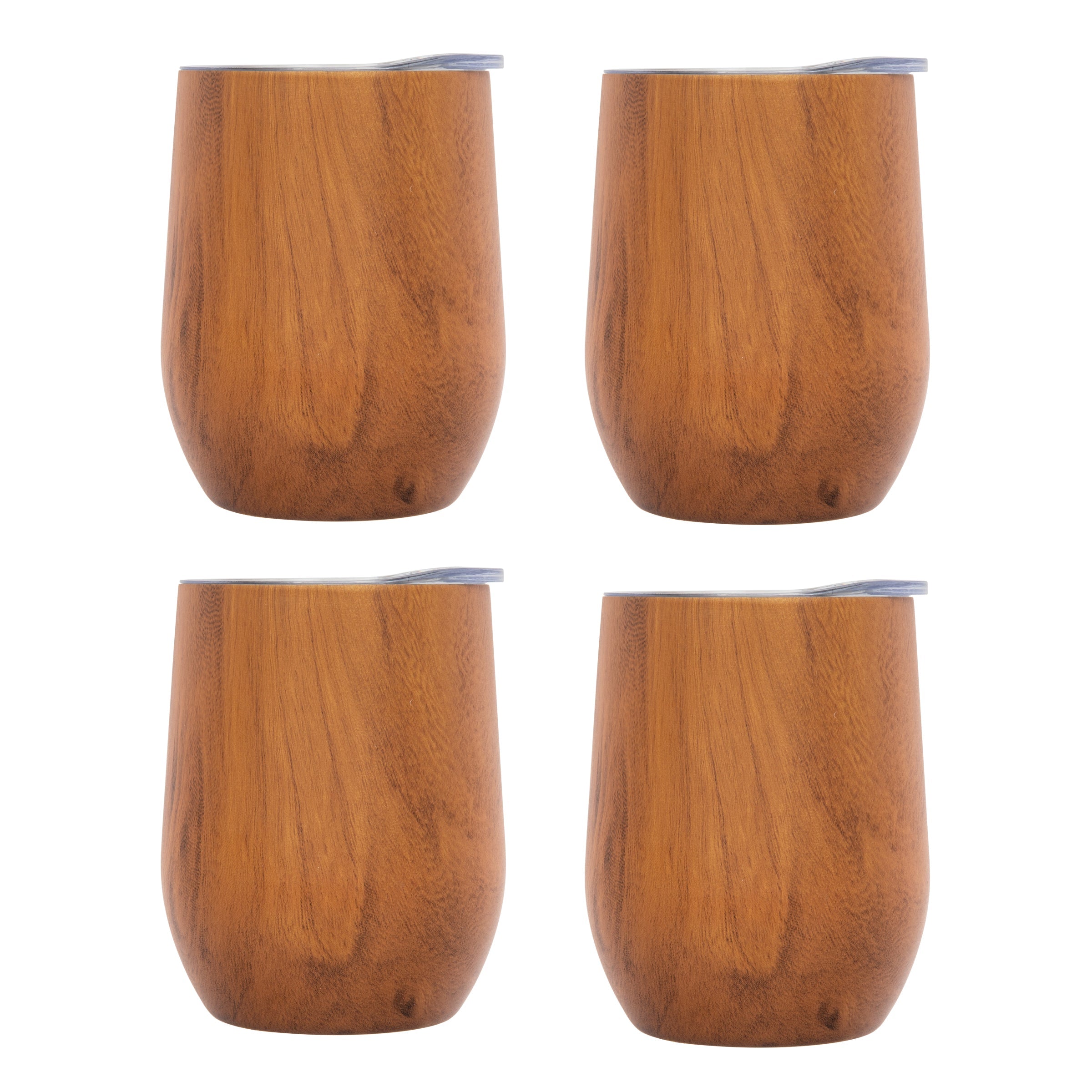 Premium Insulated Woodgrain Wine Tumblers Set of 4 - Double-Wall Stainless Steel Stemless Glasses for Chilled White Wine, Cocktails & Outdoor Parties