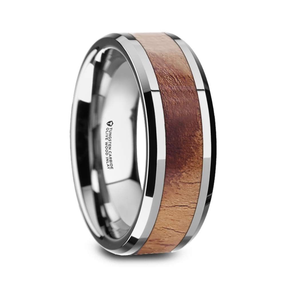 Premium Men's Tungsten Carbide Wedding Band Ring with Olive Wood Inlay - Comfort Fit 8mm Wide Beveled Design (BELDI Style) - Perfect for Anniversaries, Engagements & Everyday Wear