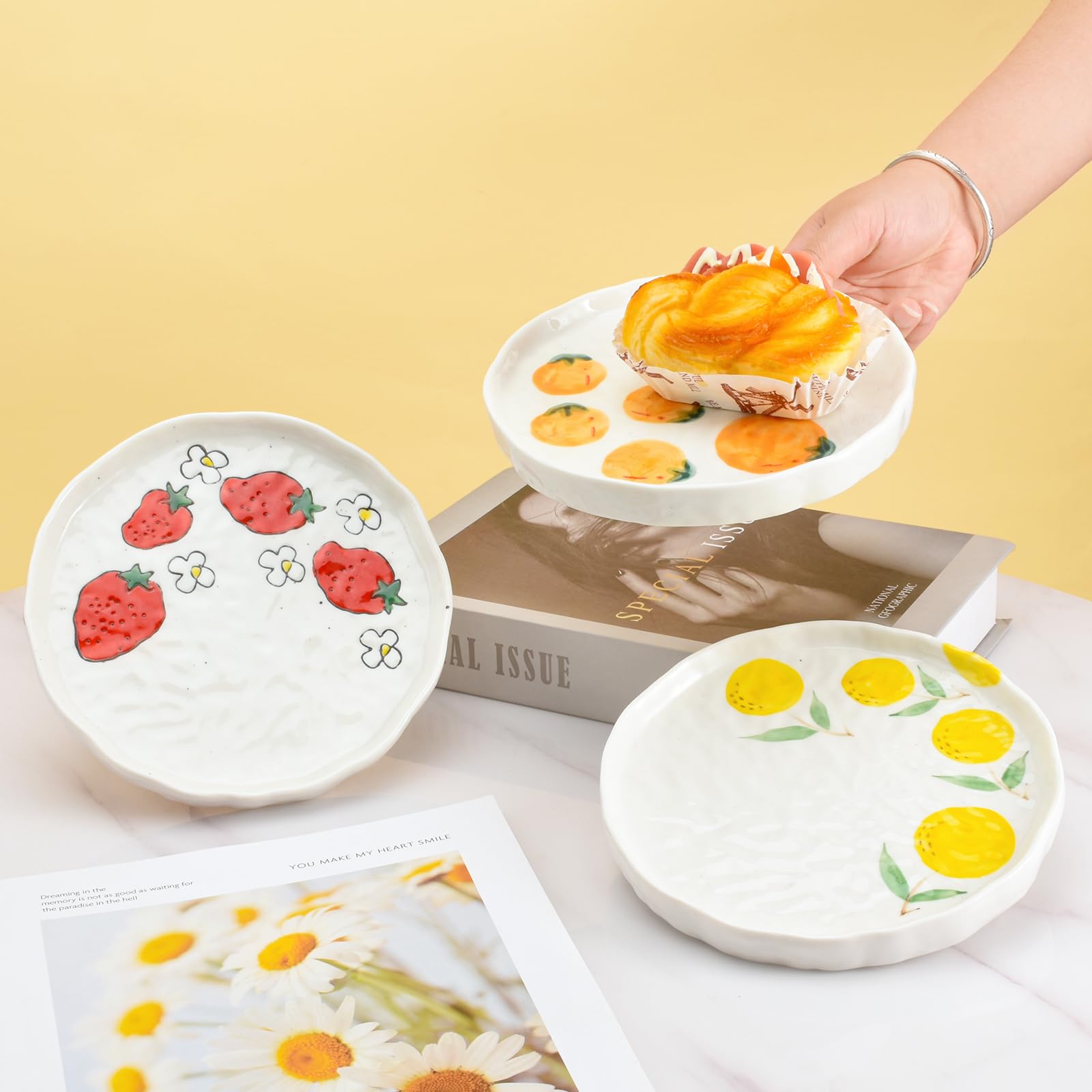 Koythin Ceramic Dinner Plate Set - Cute Fruit & Floral Printed Design - Durable Kitchen & Dining Plates for Home, Office, Dessert Serving (Orange) - Perfect for Everyday Meals, Party Entertaining & Gift Giving