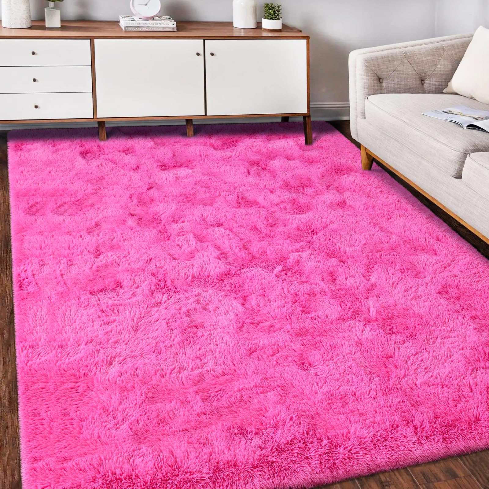 Lascpt Super Soft Shag Area Rug 5x8 ft - Plush Pink Fuzzy Carpet for Living Room, Girls Bedroom, Kids Room & Nursery | Modern Home Decor for Dorms, Office & Women's Spaces | Cozy Floor Mat for Relaxation & Play Areas