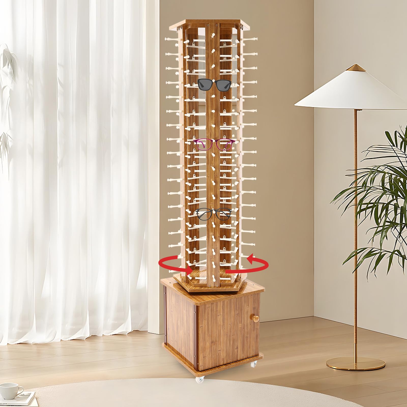 90 Pairs 360° Rotating Sunglasses Display Stand with Wheels & Drawer - 5-Sided Eyeglass Carousel Rack for Retail Stores, Optical Shops & Home Use - Perfect for Eyewear Showcase, Store Organization & Space Saving