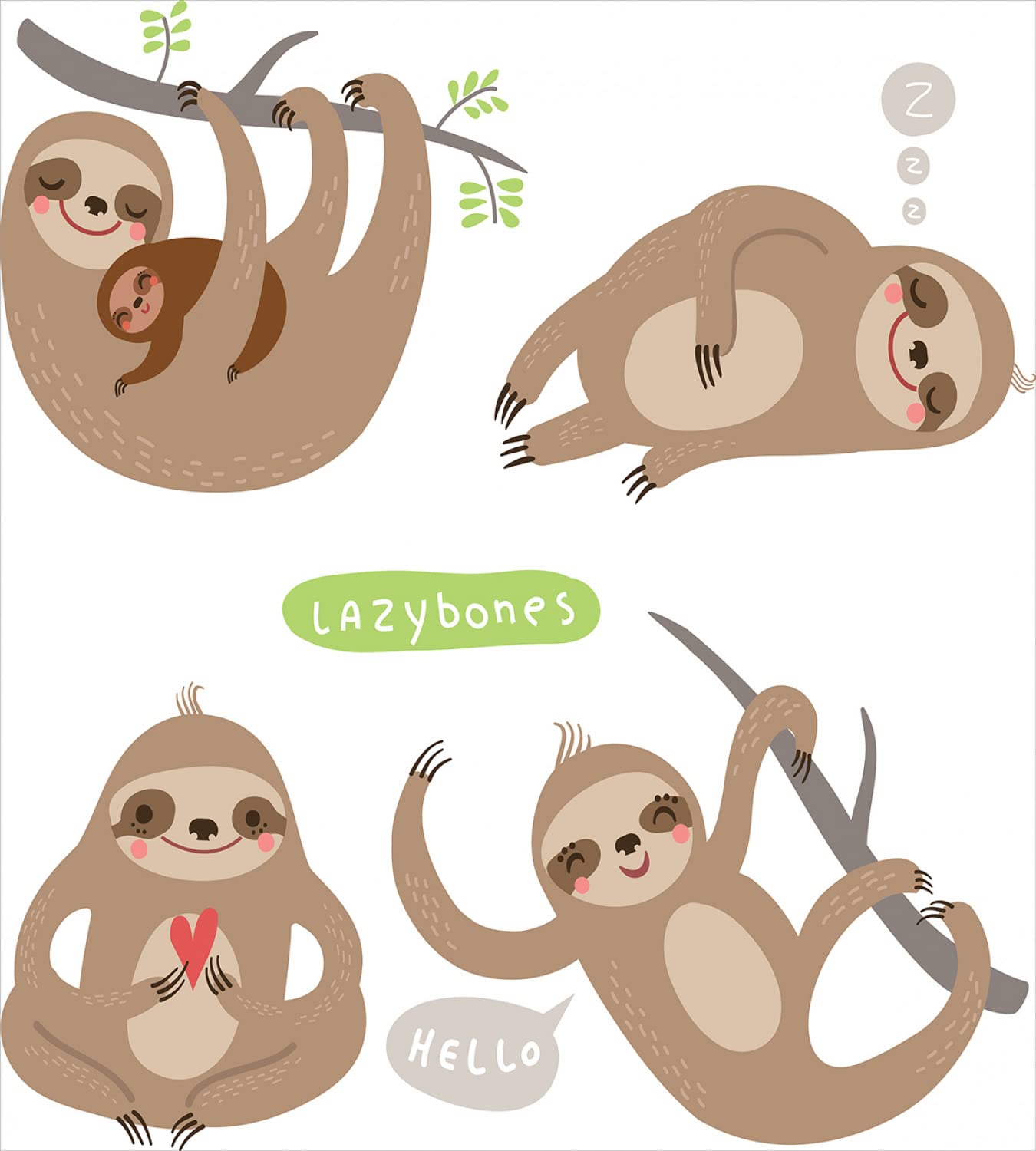 Ambesonne Sloth Duvet Cover Set - Funny Lazy Sloths Hugging Family Design, 2-Piece Queen Size Bedding Set with 4 Pillowcases, Soft Pale Brown Grey Green - Perfect for Cozy Family Bedrooms & Kids Rooms