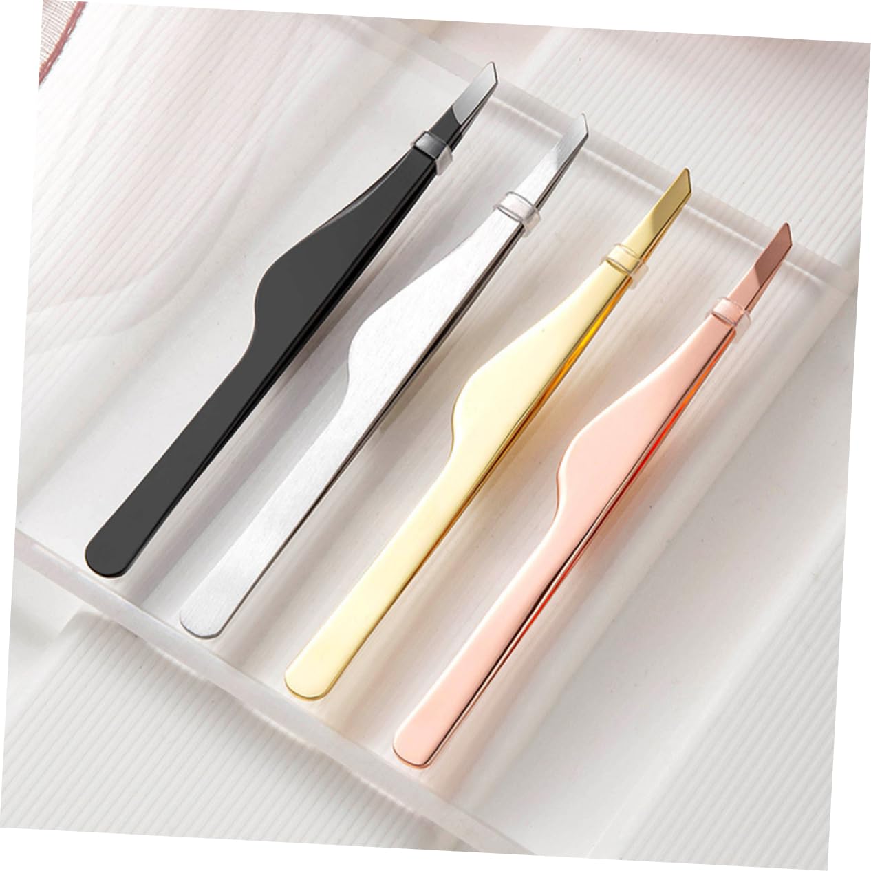 4pcs Professional Eyelash Extension Tweezers Set - Slant Tip & Straight Eyebrow Tweezers for Lash Application, False Eyelash Tools - Rose Gold Beauty Accessories (Perfect for Salon, Home Use & Professional Makeup Artists)