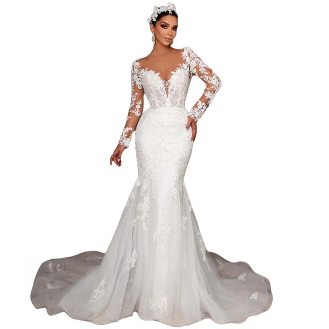Elegant Long Sleeve Mermaid Wedding Dress with Lace Appliques & Detachable Train - 2025 Bridal Gown for Bride | Perfect for Church Ceremony, Beach Wedding, and Formal Reception