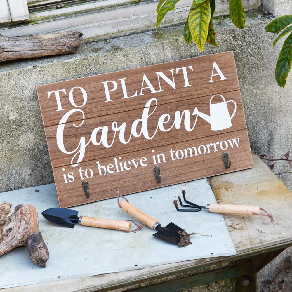 COLLECTIVE HOME - 3-Piece Garden Decor Set with Wood Hanging Signs & Tools, Outdoor Wall Art with Hooks (15.75