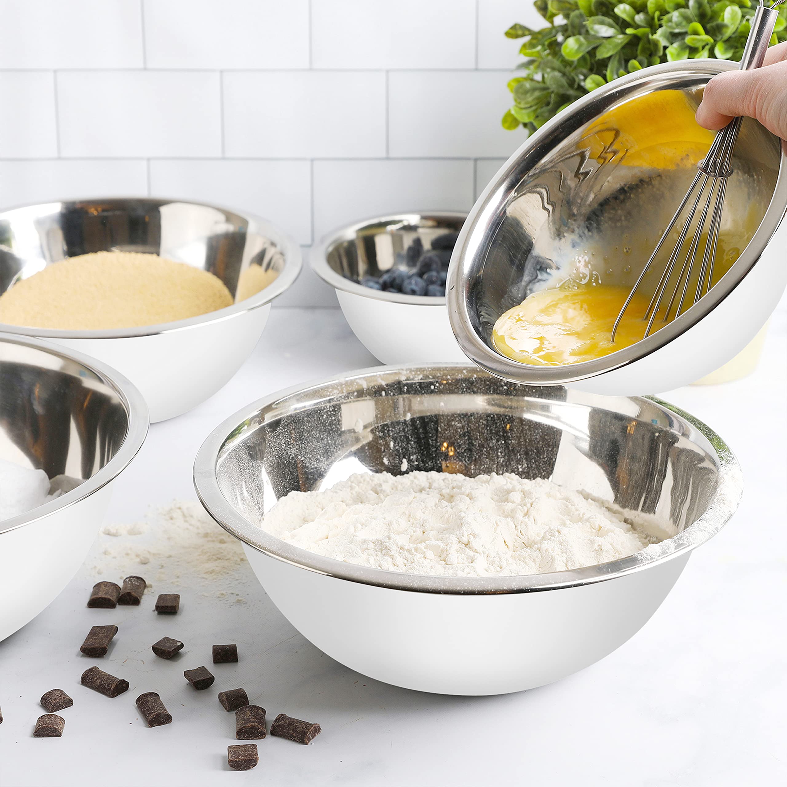 WHYSKO Stainless Steel Mixing Bowls Set - 5-Piece Heavy Duty Meal Prep Bowls for Kitchen, Refrigerator & Food Storage | Eco-Friendly, Reusable & Durable (White) | Perfect for Meal Prepping, Baking, Mixing & Organizing Ingredients