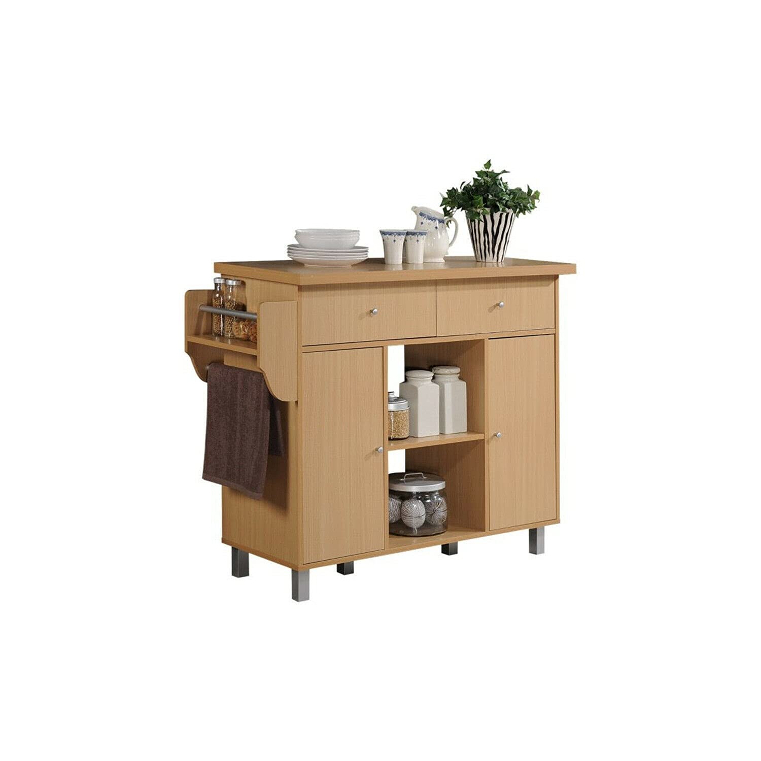 ADHW Kitchen Island Cabinet with Spice Rack & Towel Rack - Solid Beech Wood Storage Organizer for Spices, Utensils & Kitchen Essentials | Perfect for Small Kitchens & Pantry Organization