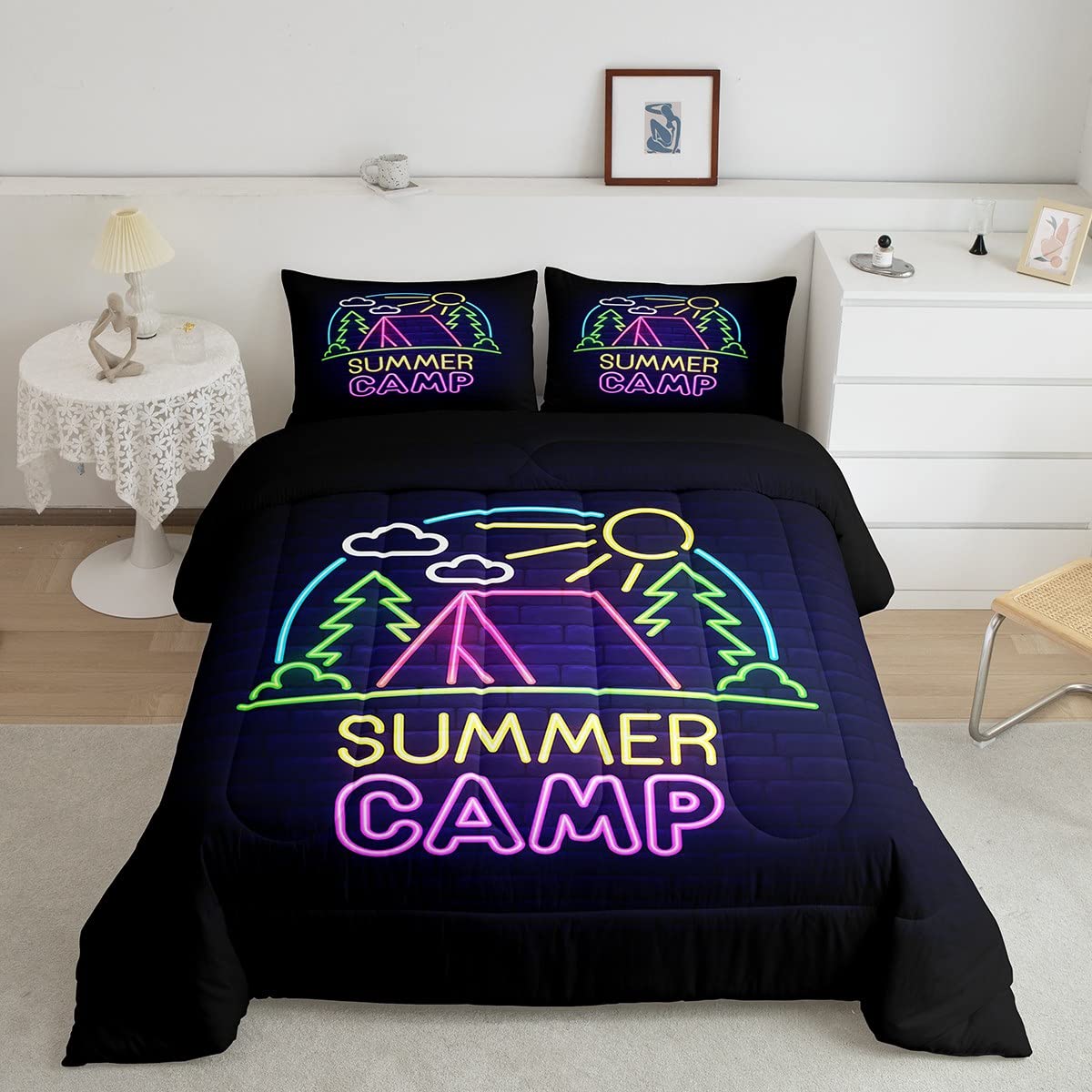 Summer Camping Comforter Set Twin - Mountain Adventure Bedding with Brick Wall Quilt 2Pcs for Kids, Teens & Adults | Neon Watercolor Rustic Duvet Cover & Pillowcase | Perfect for Camping Trips, Dorm Rooms & Cozy Cabin Decor