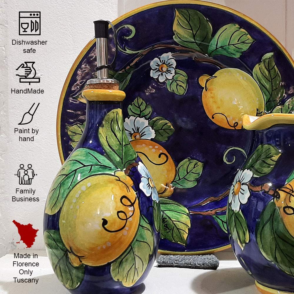 Italian Ceramic Pitcher 16oz - Hand Painted Lemon Blue Design Kitchen Carafe & Utensil Holder - Tuscan Pottery Wine Dispenser & Home Decor Vase - Perfect for Farmhouse Kitchens, Italian Restaurants & Gift Giving