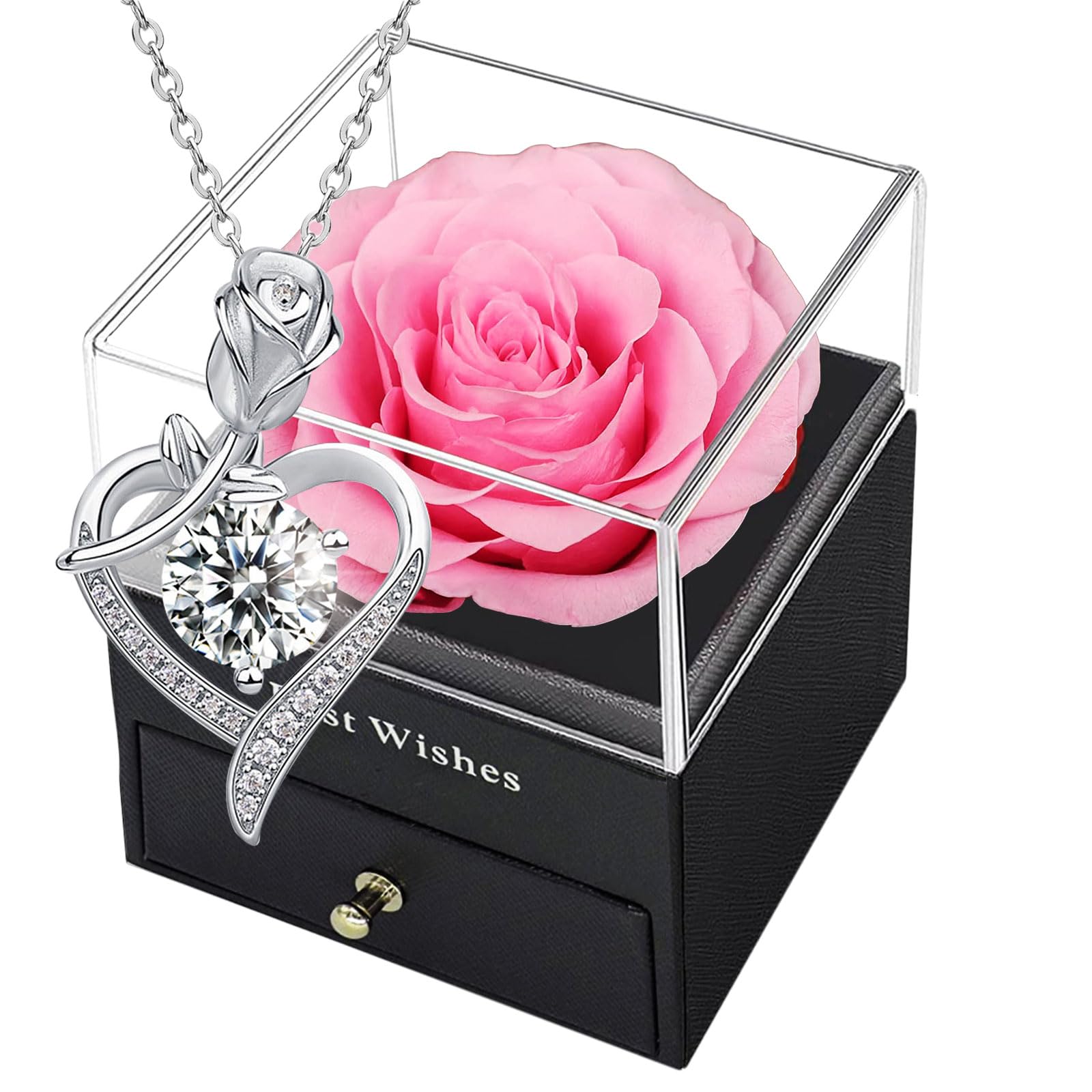 Preserved Rose Box with Necklace - S925 Sterling Silver '100 Love You' Heart Pendant, Artificial Eternal Rose Gift for Women (Pink) | Romantic Anniversary Present, Valentine's Day Gift, Mother's Day Gift Idea | Perfect for Wedding Proposals, Bridal Showers & Special Occasions