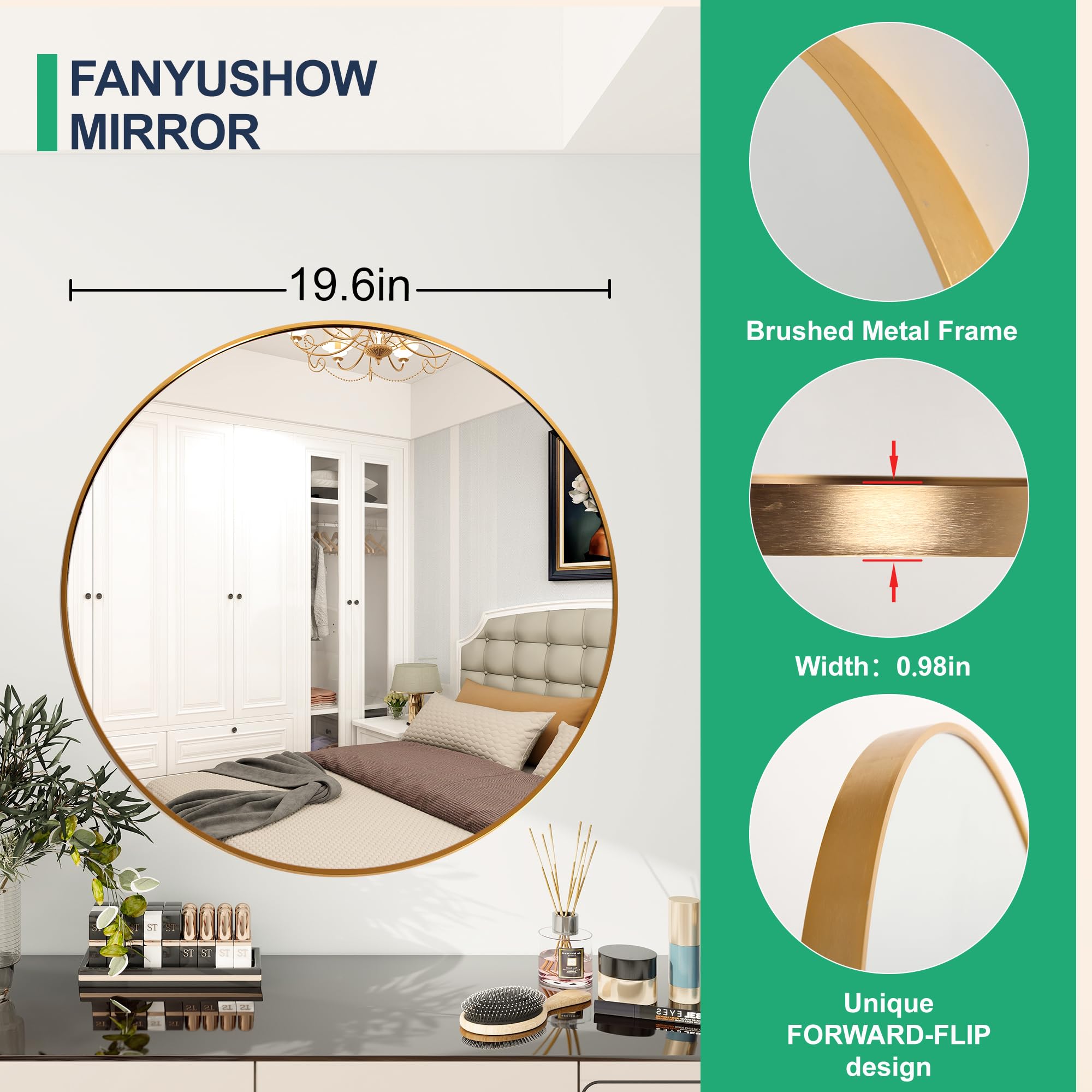 FANYUSHOW 19.6 Inch Gold Round Wall Mirror - Elegant Metal Frame Circle Mirror for Living Room, Bathroom, Entryway & Vanity | Modern Home Decor & Makeup Mirror