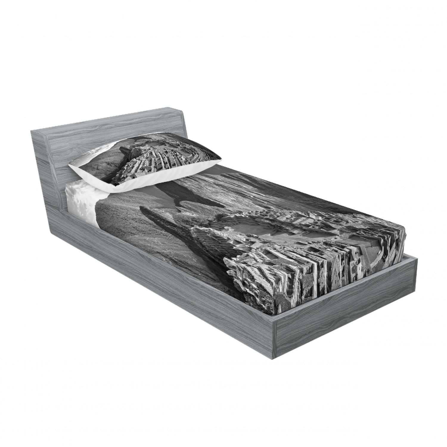 Ambesonne 2-Pack Twin Fitted Sheets & Pillow Sham Set - Peru Village Landscape Black White Bedding Decor (4-Piece Set) | Perfect for Guest Rooms, Vacation Homes & Dorm Room Essentials