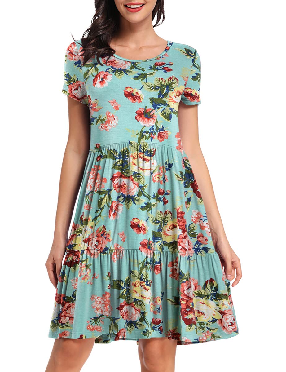 VEPKUL Women's Summer Dresses - Floral & Plain Swing Short Dress with Round Neck & Short Sleeves | Soft, Loose & Casual Shirt Dress for Beach, Vacation & Everyday Wear