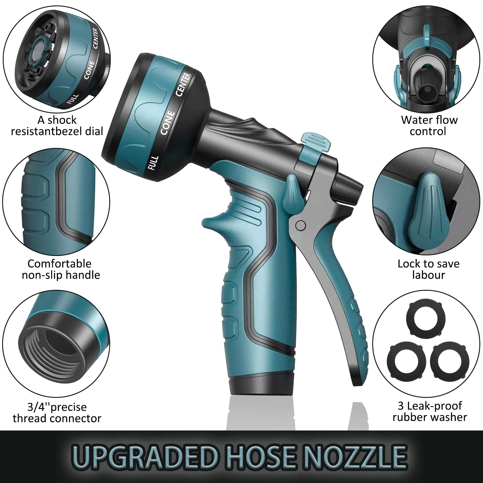 Upgraded Garden Hose Nozzle with 8 Adjustable Spray Patterns - Heavy Duty Water Hose Spray Nozzle for Plants, Car Washing, Pet Showering & Outdoor Cleaning (Blue) - Perfect for Lawn Care, Gardening and Home Maintenance