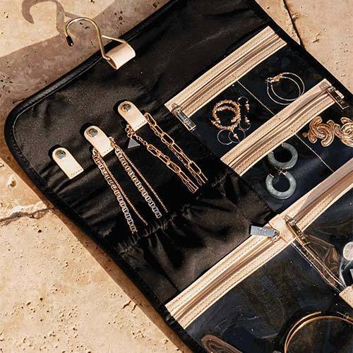 Black Hanging Jewelry Organizer - Portable Travel Jewelry Storage Case for Necklaces, Earrings & Bracelets - Perfect for Closet, Dorm Room & Suitcase
