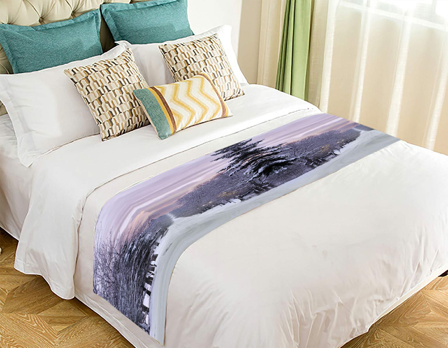 ECZJNT Long Narrow Road Over a Hill in Purple Evening Winter Light Bed Runner - 20x95 Inch Decorative Bed Scarf for Master Bedroom, Guest Room & Dorm Decor