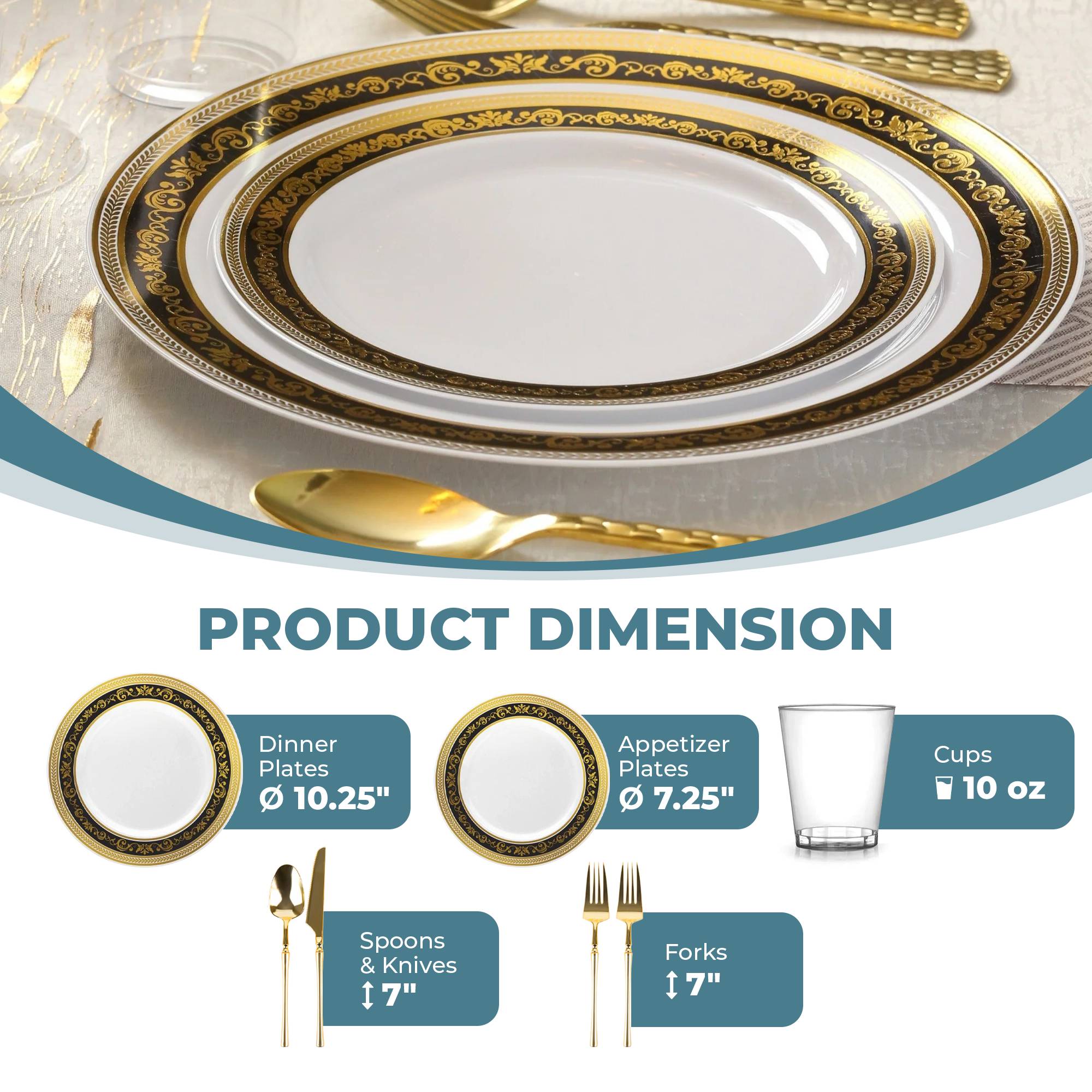 Royal Gold & Black Plastic Party Supplies Bundle - Elegant Disposable Tableware for Weddings, Birthdays & Celebrations
