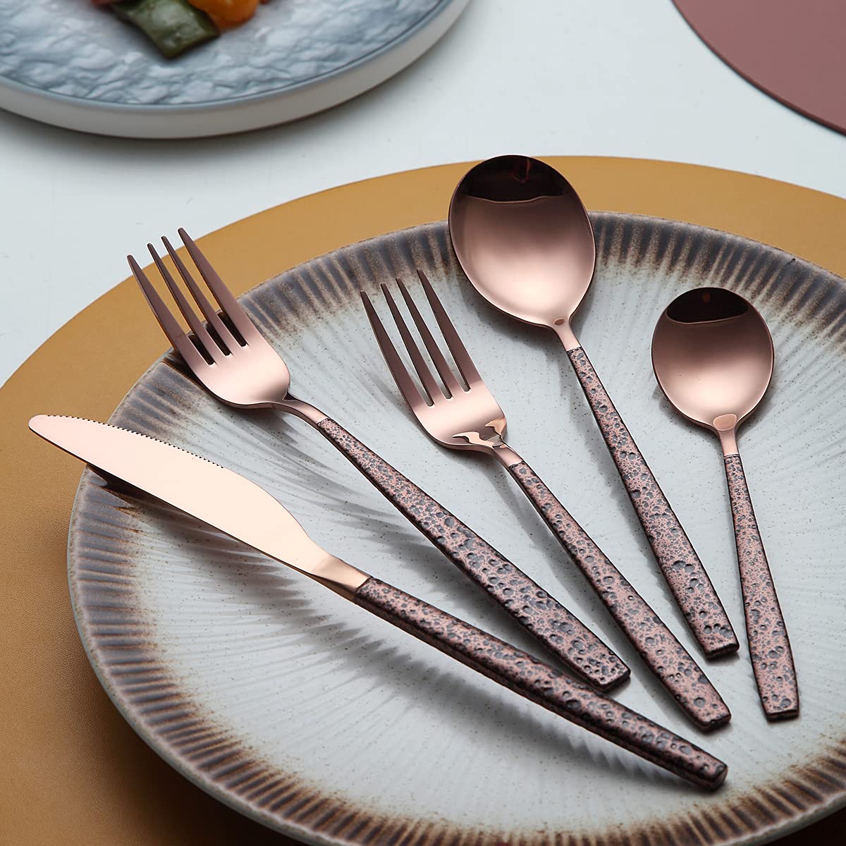 Berglander 20-Piece Silverware Set with Moon Surface Handle & Rose Gold Titanium Plating - Stainless Steel Modern Flatware Set for 4 - Elegant Dinnerware for Holidays, Weddings & Fine Dining