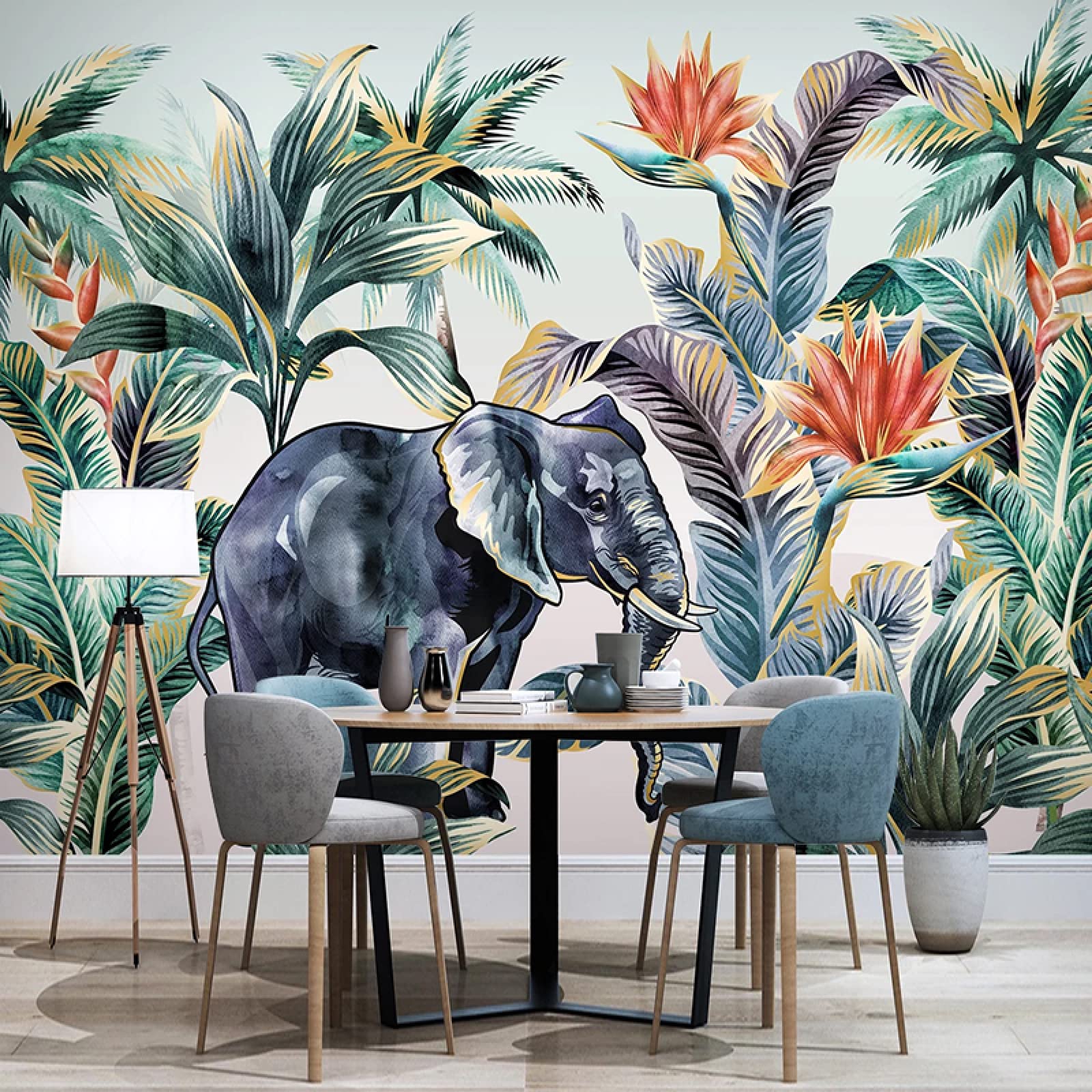 3D Tropical Plant & Elephant Peel and Stick Wallpaper Mural - 116x83 Inch Self-Adhesive Wall Decor for Living Room, Bedroom, Dining Room | Perfect for Home Renovation, Accent Walls & Nursery Decor