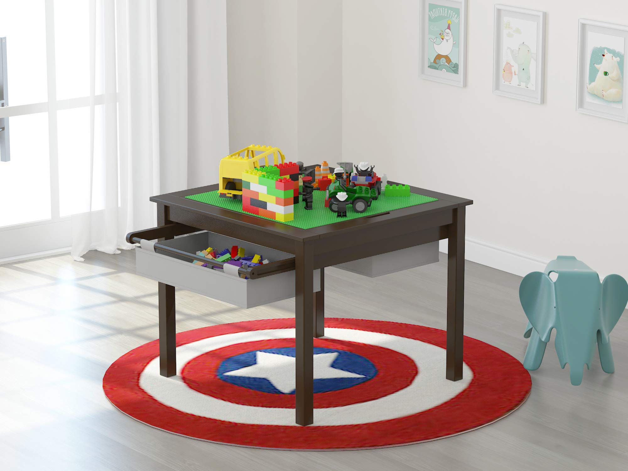 UTEX 2-in-1 Kids Construction Play Table with Storage Drawers & Built-in Plate - Espresso with Gray Drawer - Perfect for Toddler Playrooms & Daycare Centers