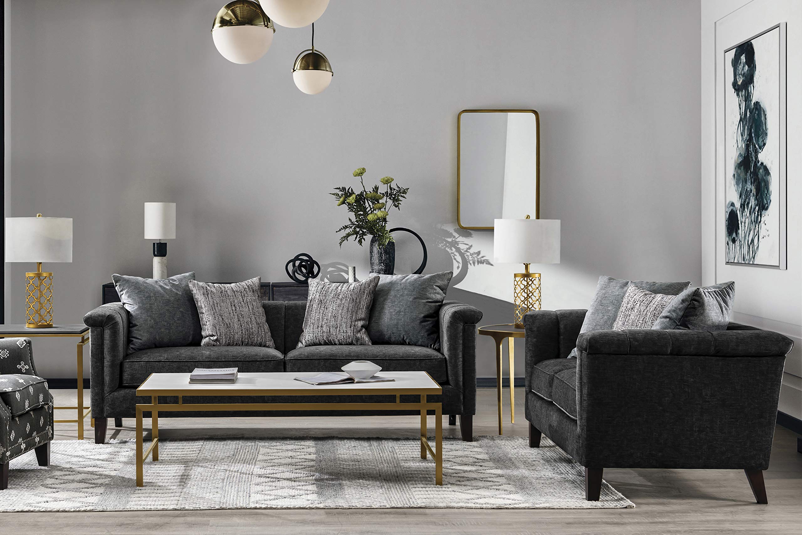 Luxury Velvet Channel Tufted 2-Piece Tuxedo Sofa Set for Living Room - Grey | Modern Sectional Couch with Key Arm Design | Perfect for Home Theater, Lounge & Entertaining Guests