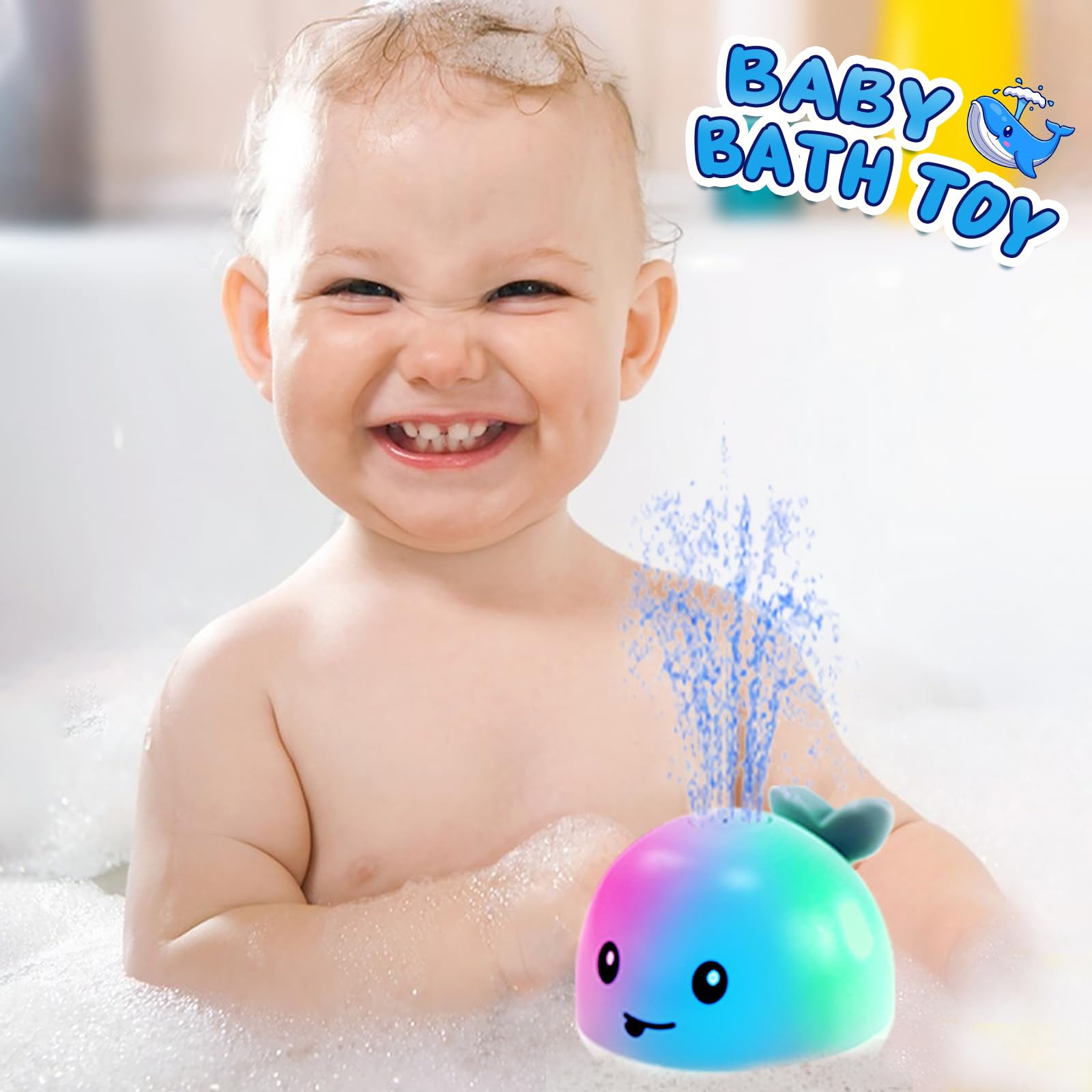 Rechargeable Light Up Baby Bath Toys with Water Spray - Fun Sprinkler Bathtub Toys for Toddlers, Kids, Boys & Girls - Perfect for Pool, Bath Time & Sensory Play (Grey)