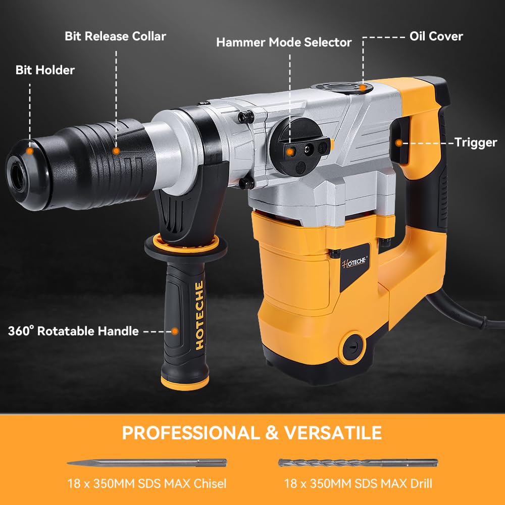 Hoteche 1-9/16-Inch SDS Max Rotary Hammer Drill - 12.5A 3-Function Heavy Duty Demolition Hammer with Drill Bit, Chisel & Carrying Case | Perfect for Concrete Drilling, Masonry Work & Construction Projects