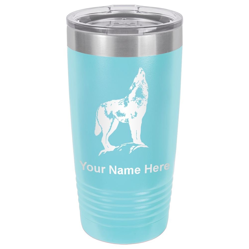 LaserGram 20oz Vacuum Insulated Stainless Steel Tumbler Mug with Howling Wolf Design - Personalized Engraving Included - Light Blue - Keeps Drinks Hot/Cold for Hours - Perfect for Camping, Office & Outdoor Activities