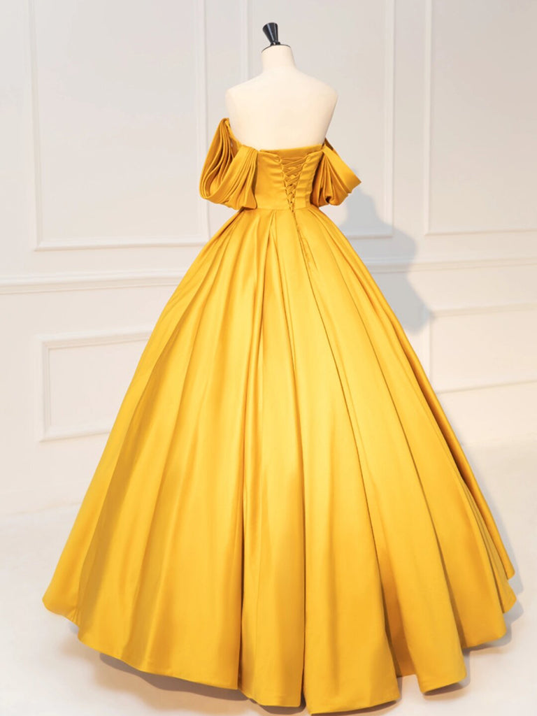 Elegant Off-Shoulder A-Line Yellow Satin Prom Dress - Long Formal Evening Gown for Homecoming, Wedding Guest & Special Occasions