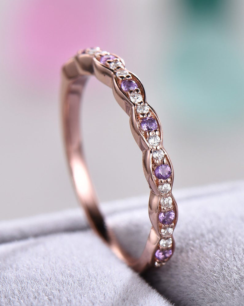 14K Rose Gold Amethyst Diamond Wedding Band - Vintage Marquise Half Eternity Engagement Ring for Women, Stackable Birthstone Jewelry for Bridal, Anniversary & Special Occasions