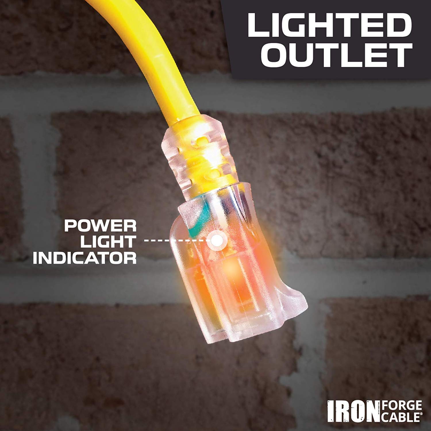2 Pack 100ft Heavy Duty Outdoor Extension Cord - 12/3 SJTW Yellow Lighted Cable with 3-Prong Grounded Plug, 15 AMP - Perfect for Garden Tools, Power Tools, Christmas Lights & Outdoor Appliances