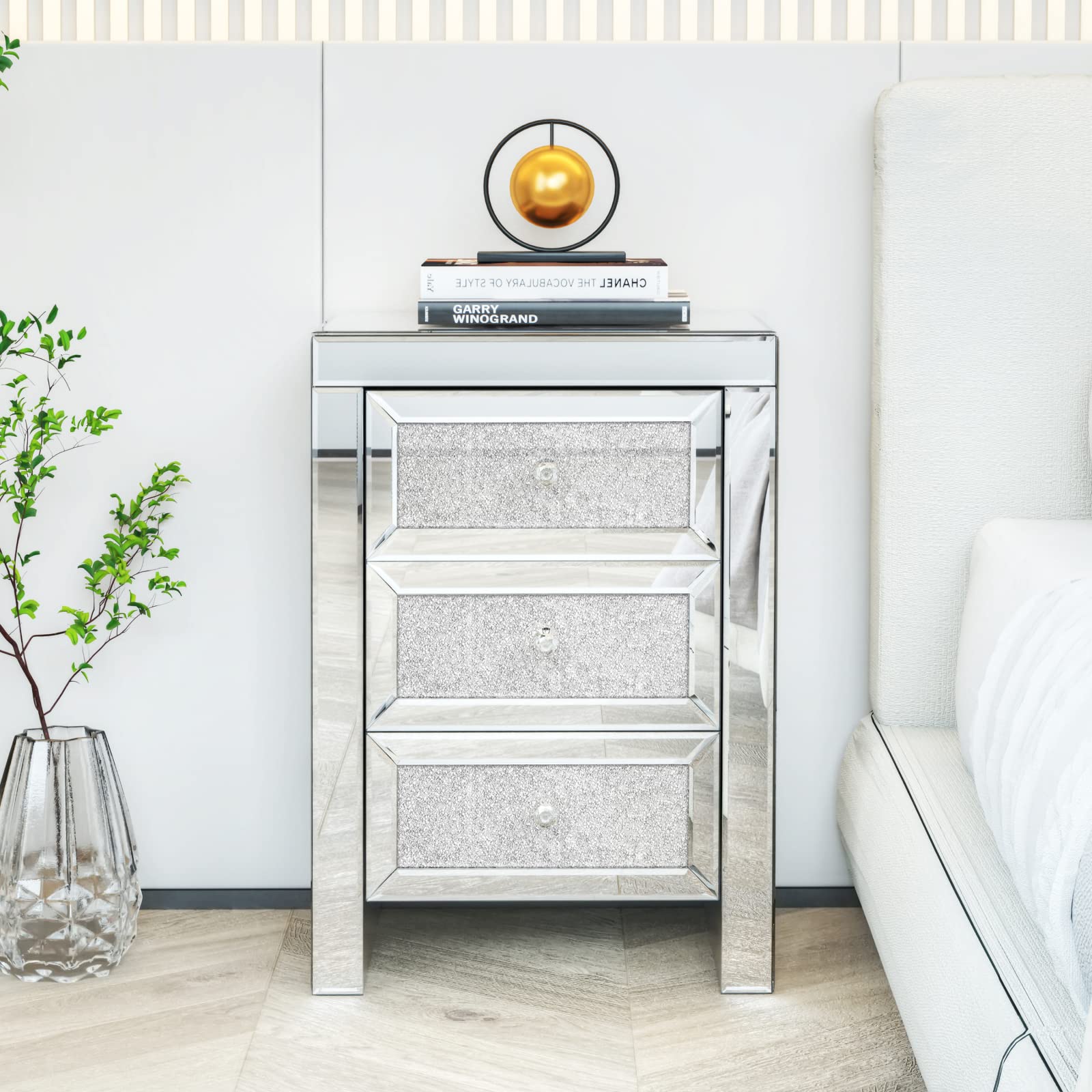 Modern Mirrored Nightstand with 3 Drawers - Crystal Diamond Accent Bedside Table, Silver Finished Storage Cabinet for Bedroom & Living Room - Perfect for Small Spaces, Guest Rooms and Apartment Decor