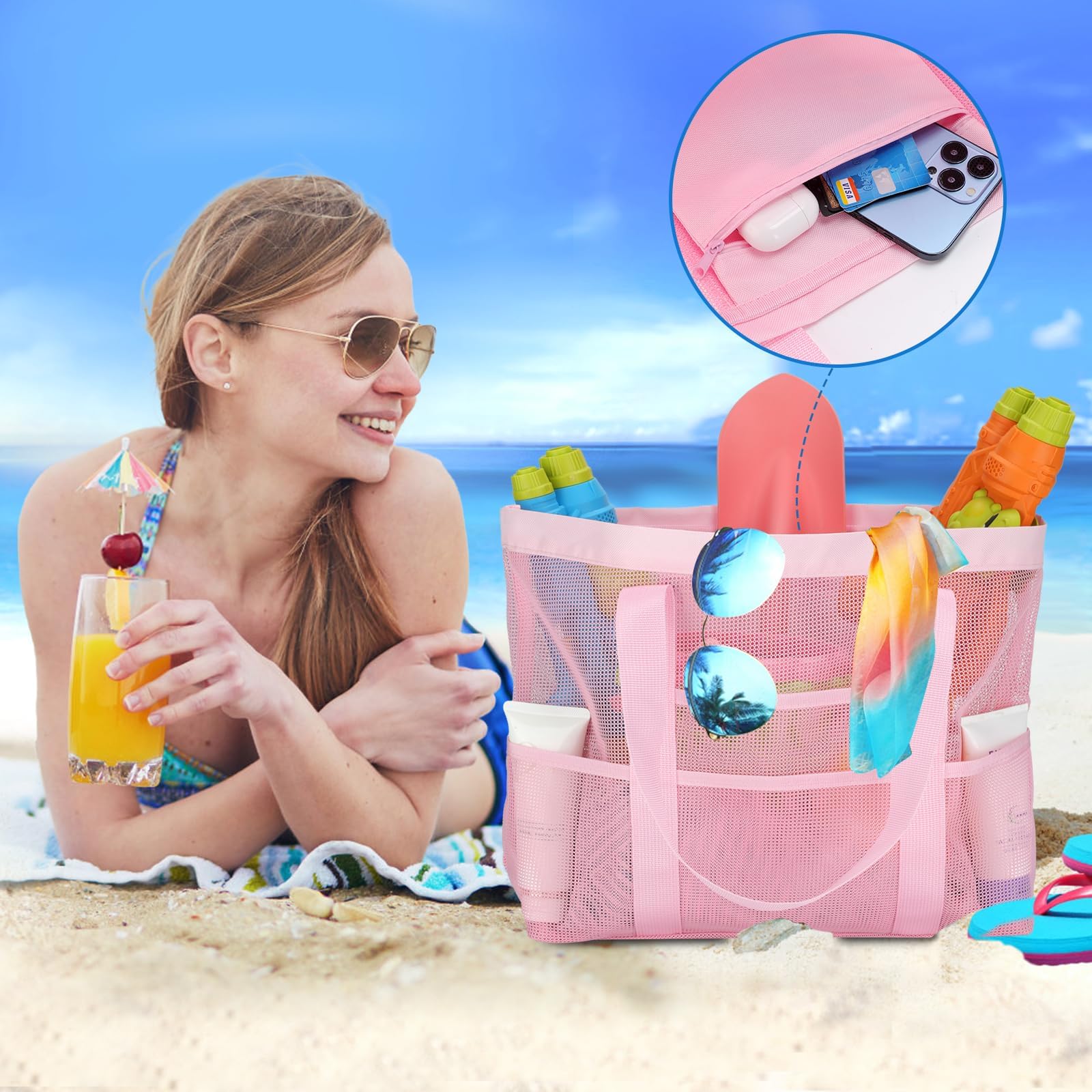 Waterproof Mesh Beach Tote Bag for Women & Family - Large 9-Pocket Organizer for Swimwear, Towels & Essentials | Perfect for Pool, Vacation & Summer Travel