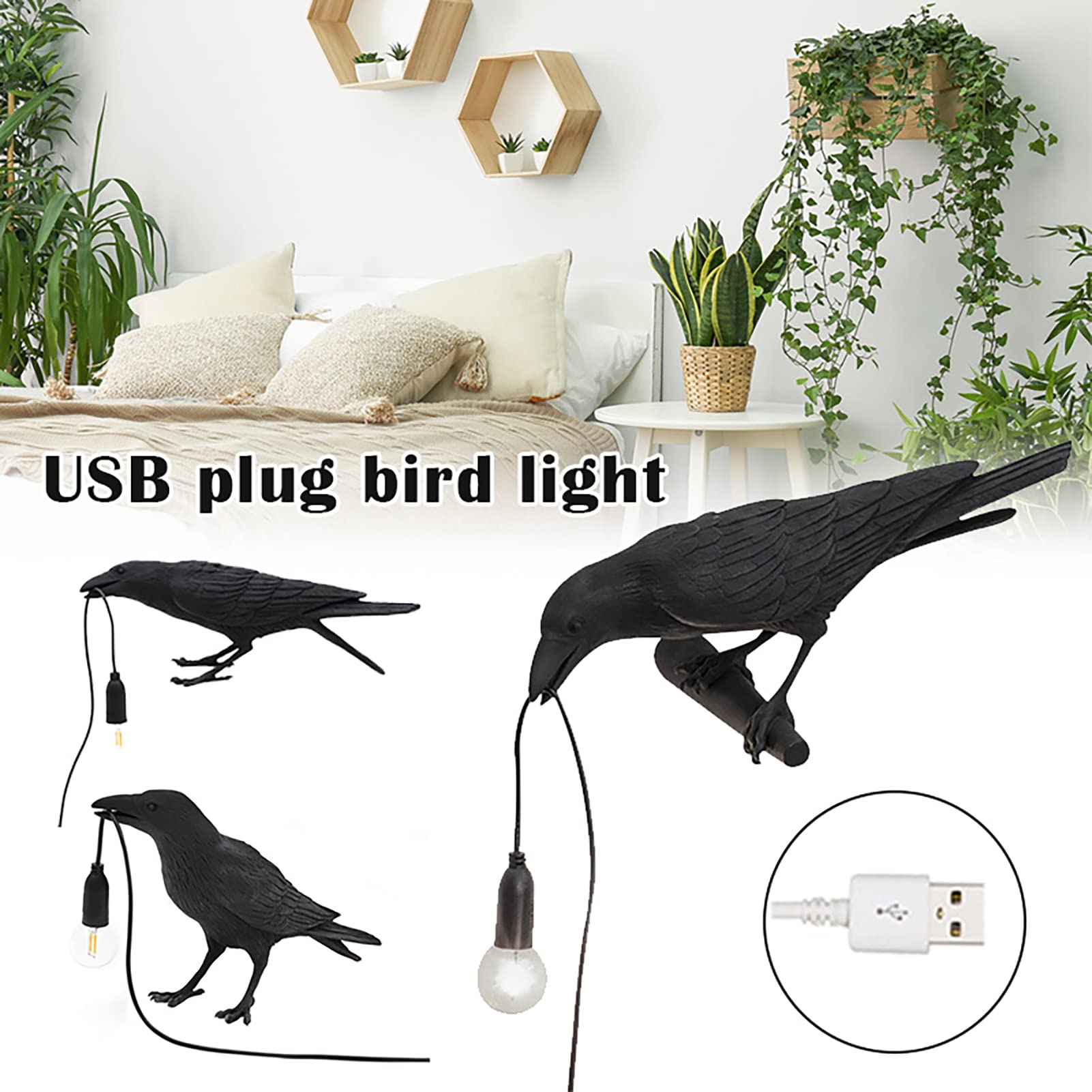 Pizga Raven Table Lamp - Realistic Resin Crow Desk Light, Art Deco Decor for Living Room & Office - Modern Black Left Raven Lamp for Home, Study, and Gothic Interior Design