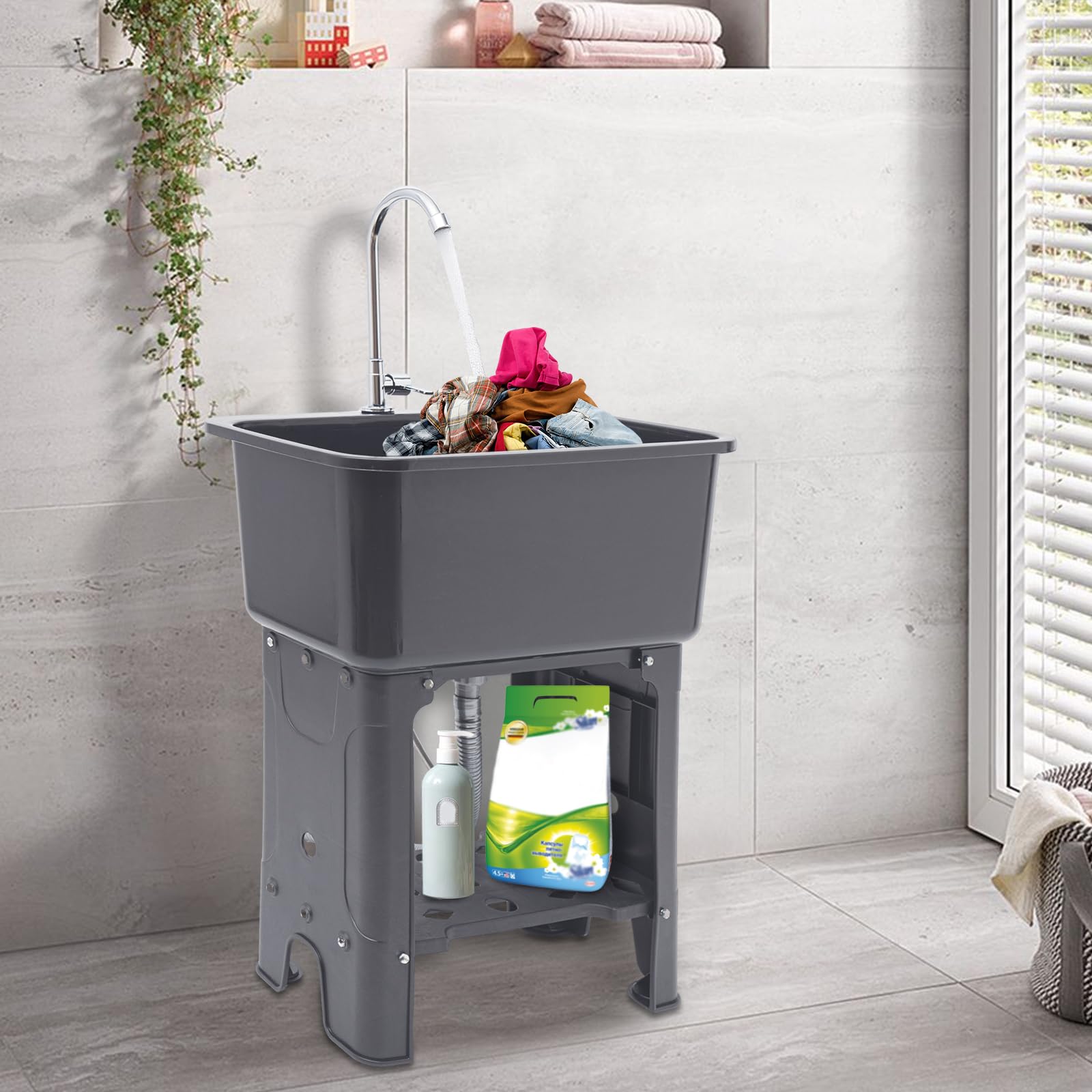 Freestanding Laundry Sink with Washboard - Plastic Utility Tub for Garage, Basement & Garden Use