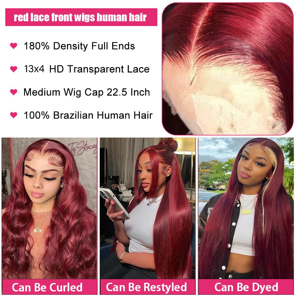 28 Inch Burgundy Lace Front Wig - 100% Human Hair with Baby Hair & Pre-Plucked Natural Hairline | 13x4 HD Frontal | 180 Density Virgin Hair | Perfect for Cosplay, Daily Wear & Special Occasions